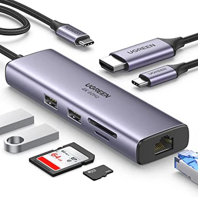 UGREEN 7 in 1 Multifunction Adapter, USB-C to USB3.0 ( 2 Port) + 4K HDMI + RJ45 + SD&TF Card Reader + PD port Converter